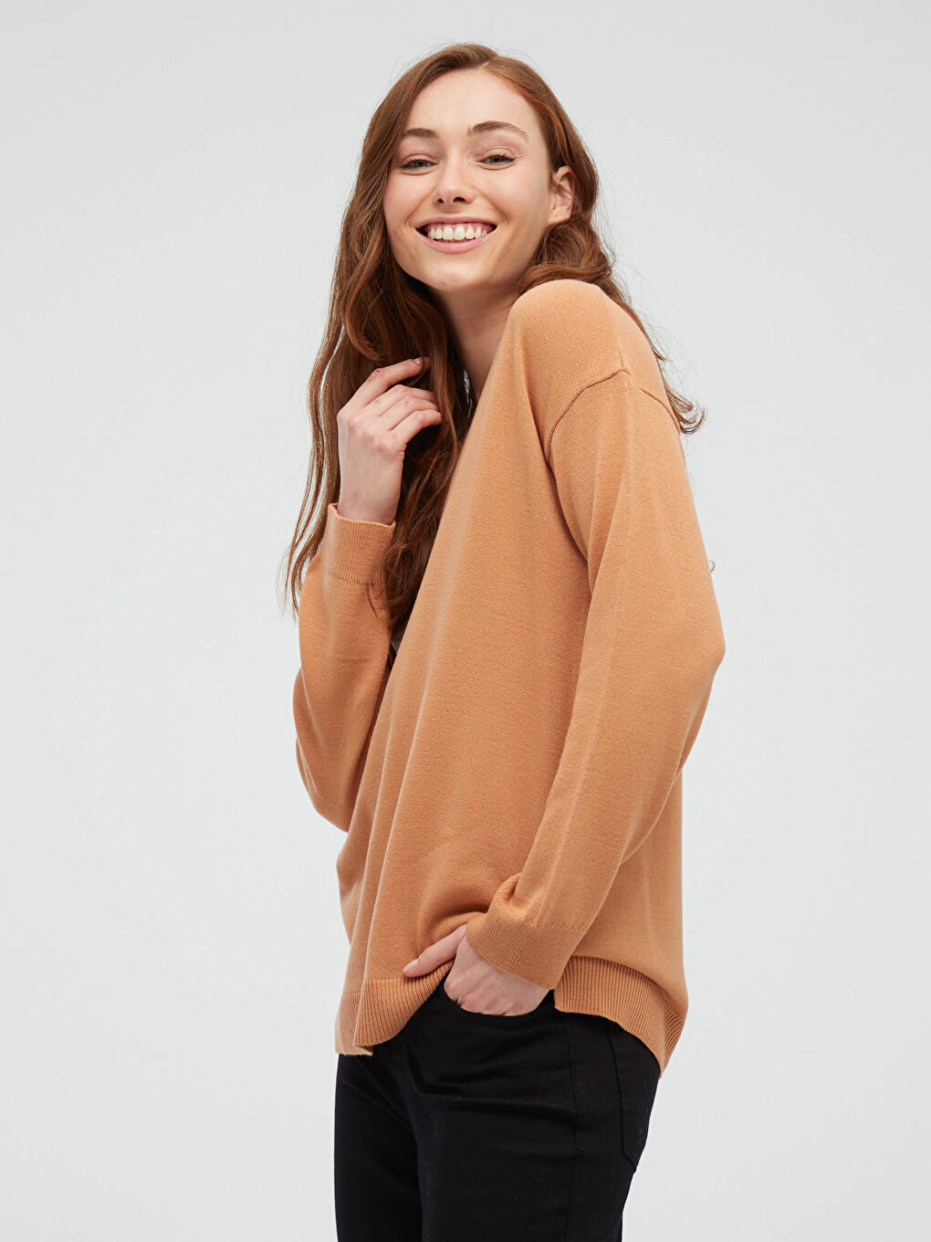 Turuncu Düz V Yaka Triko Kazak-2