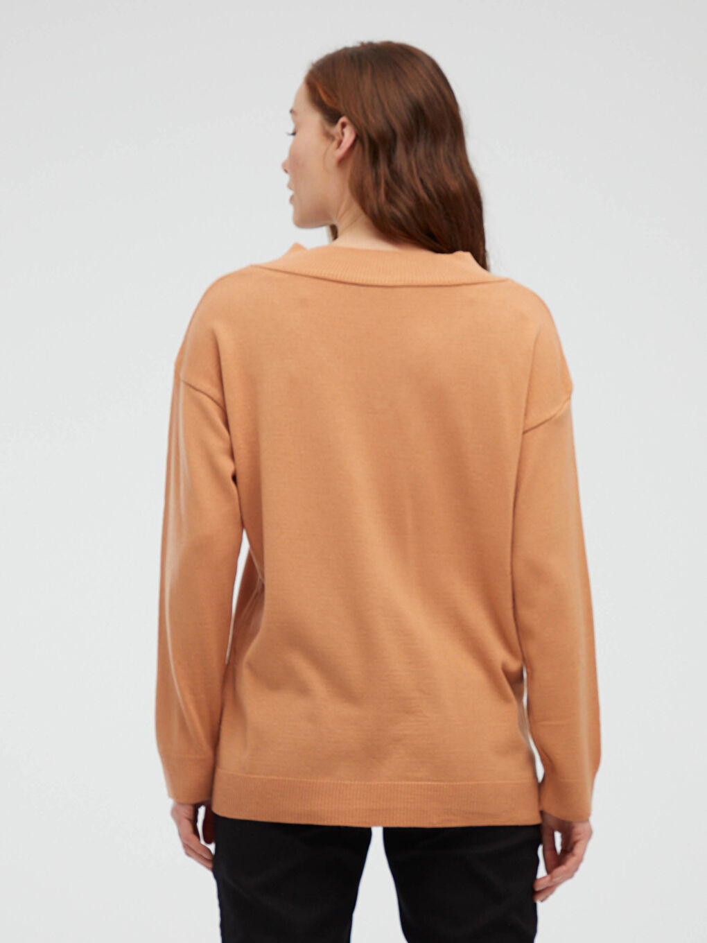 Turuncu Düz V Yaka Triko Kazak-3