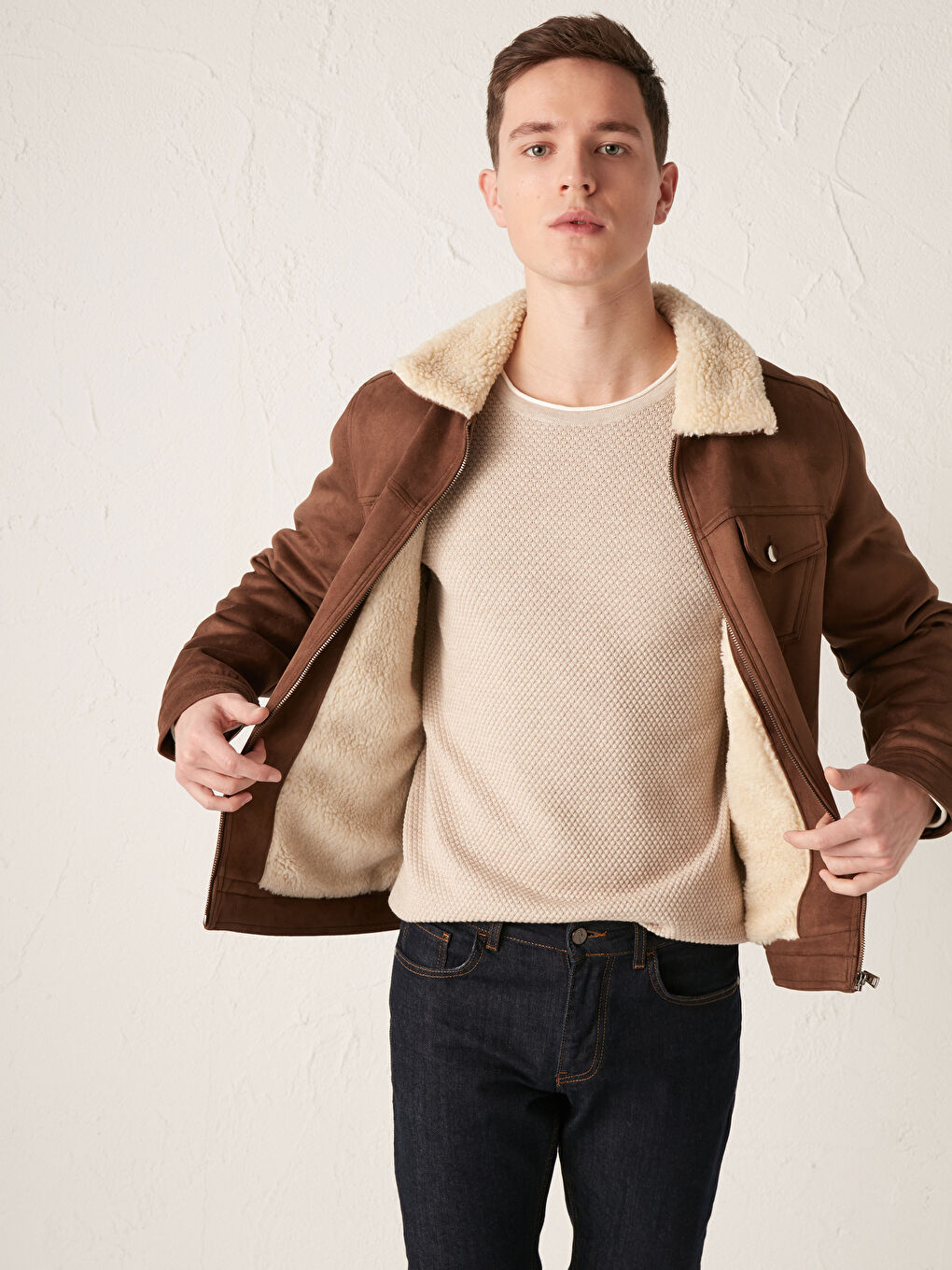 LCW Vision Slim Fit Fur Collar Suede Coat -W10099Z8-JQE
