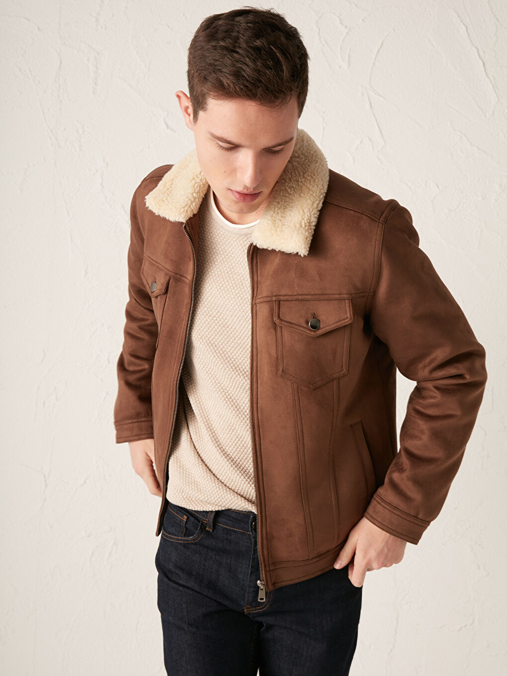 LCW Vision Slim Fit Fur Collar Suede Coat -W10099Z8-JQE