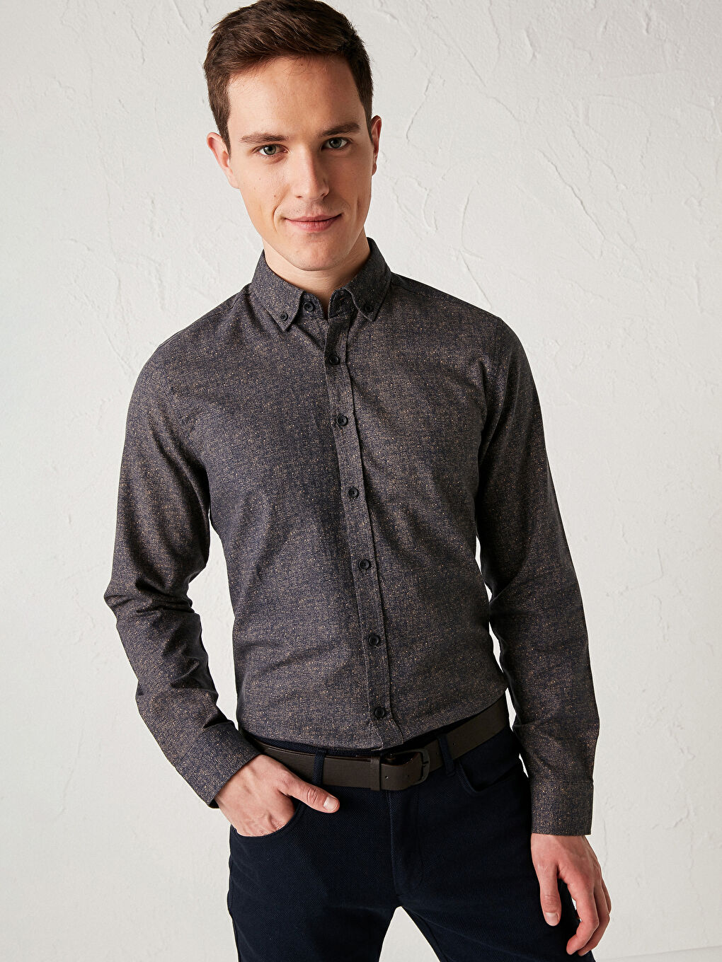 Тънка риза с дълъг ръкав от оксфордски плат-1