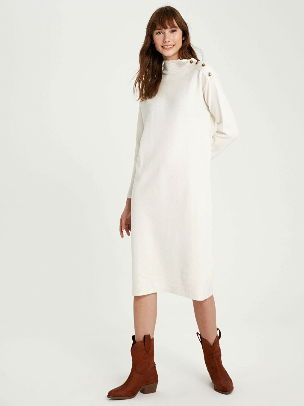 Rochie din Tricot cu Gulerul Ridicat -2