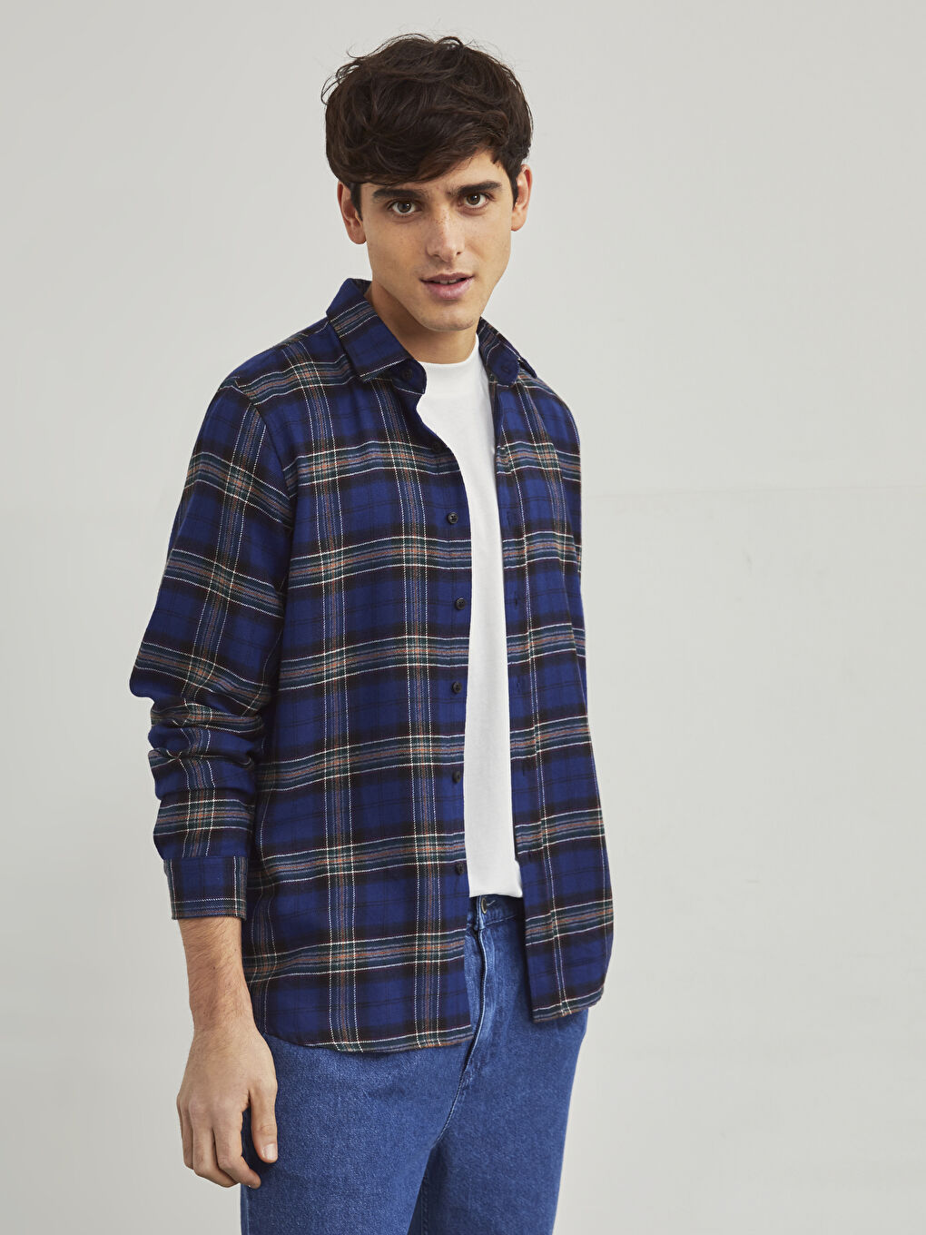 Lacivert Slim Fit Uzun Kollu Ekose Erkek Oduncu Gömlek-1