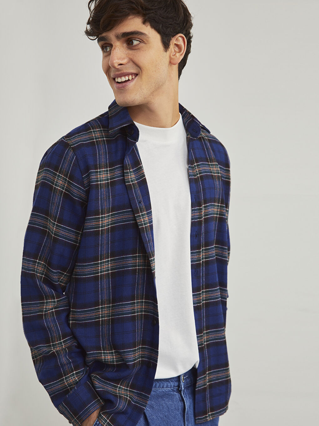 Lacivert Slim Fit Uzun Kollu Ekose Erkek Oduncu Gömlek-2