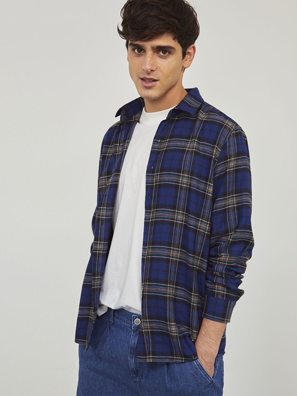 Lacivert Slim Fit Uzun Kollu Ekose Erkek Oduncu Gömlek-3