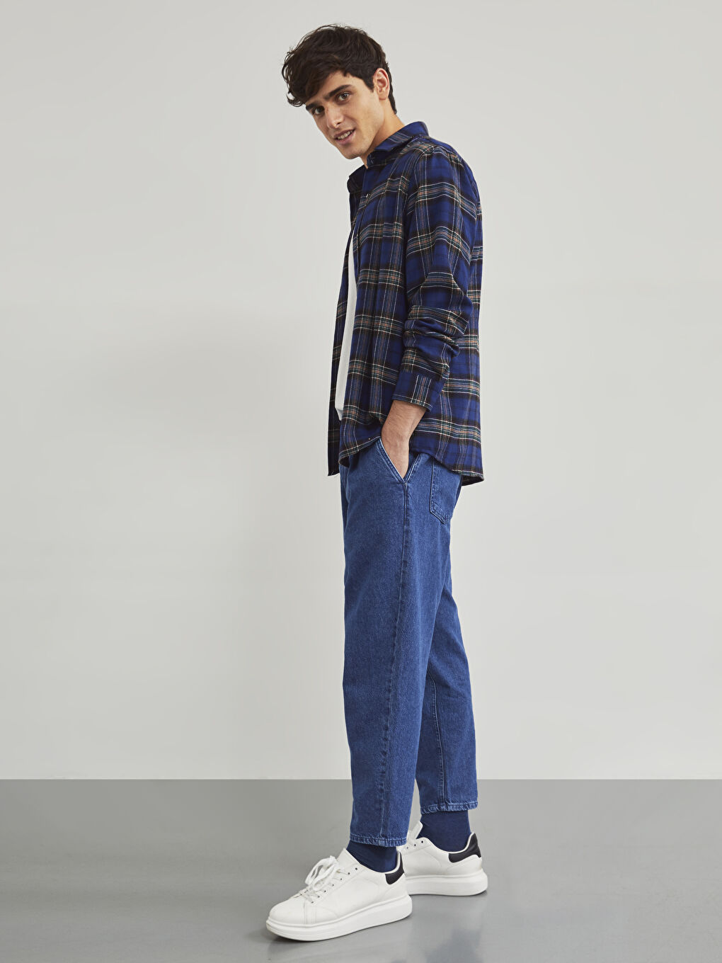 Lacivert Slim Fit Uzun Kollu Ekose Erkek Oduncu Gömlek-4