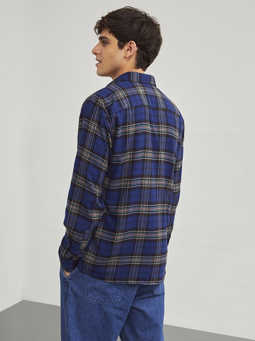 Lacivert Slim Fit Uzun Kollu Ekose Erkek Oduncu Gömlek-6