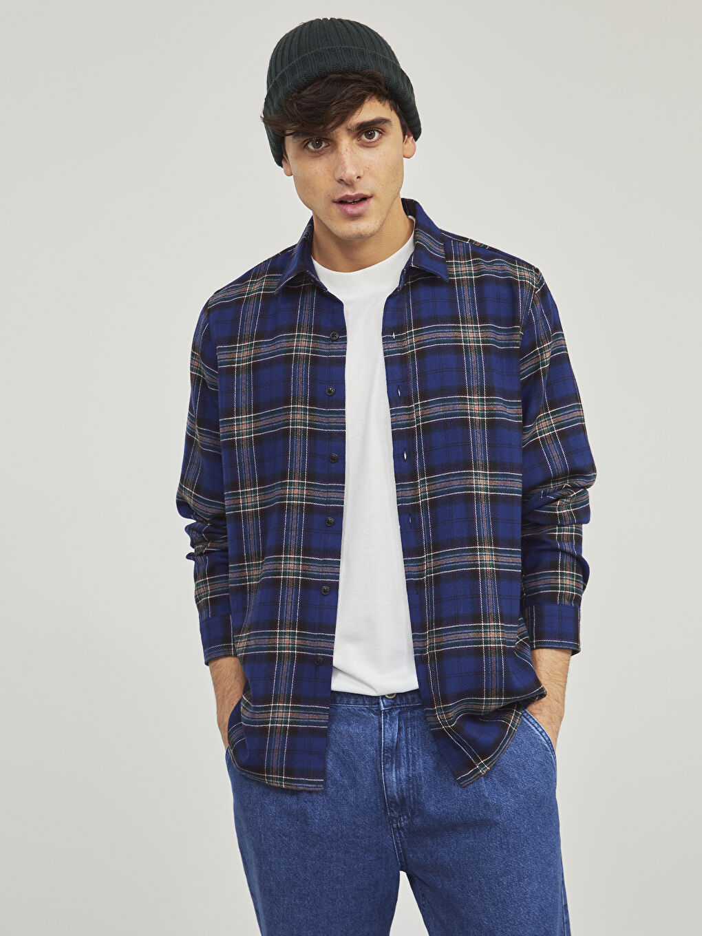 Lacivert Slim Fit Uzun Kollu Ekose Erkek Oduncu Gömlek