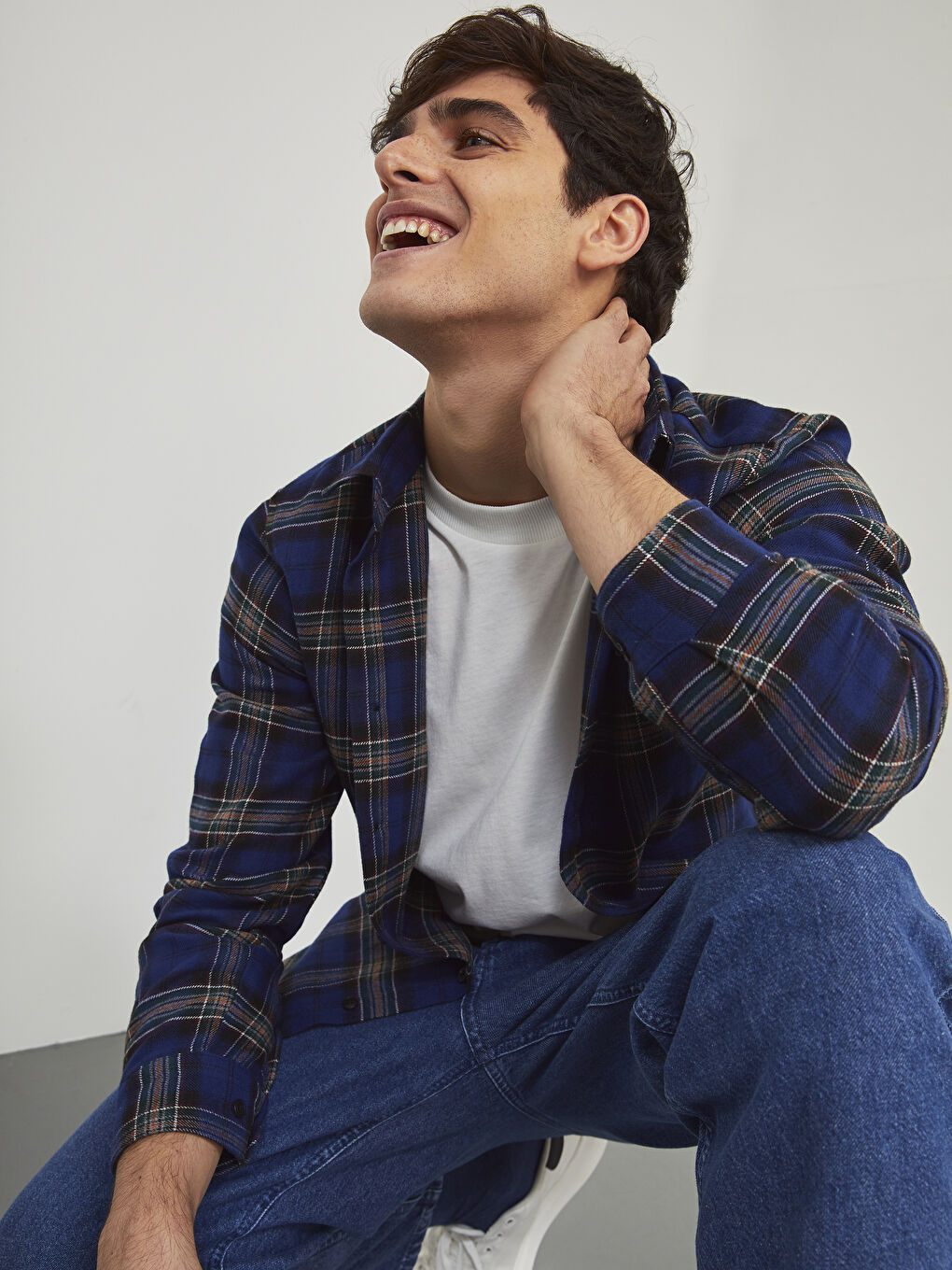 Lacivert Slim Fit Uzun Kollu Ekose Erkek Oduncu Gömlek-7