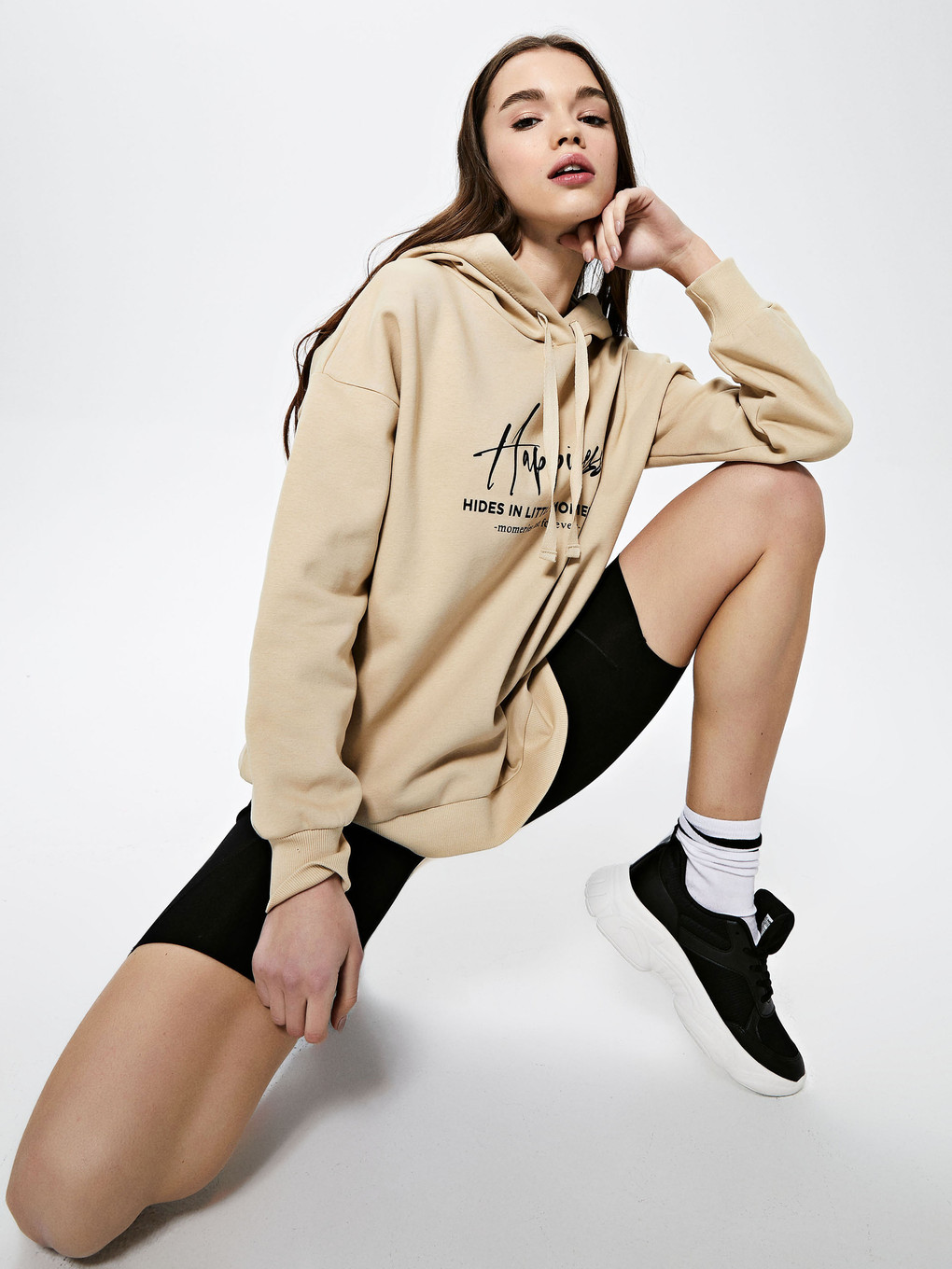 Bej Baskılı Kadın Kalın Hoodie