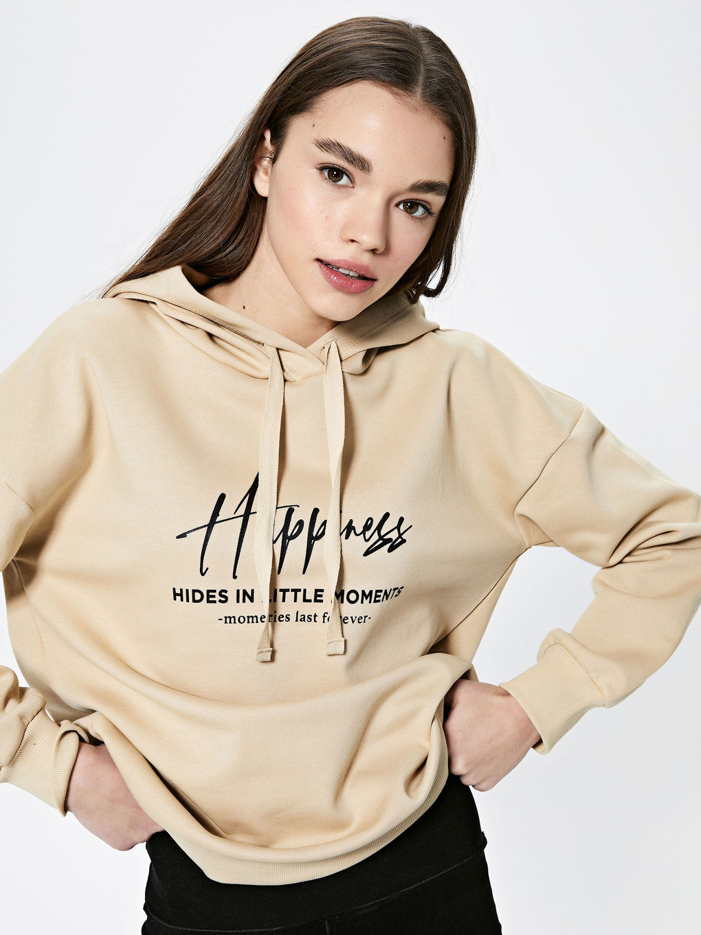 Bej Baskılı Kadın Kalın Hoodie-1
