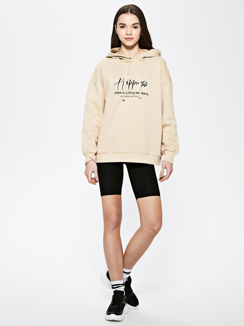 Bej Baskılı Kadın Kalın Hoodie-3