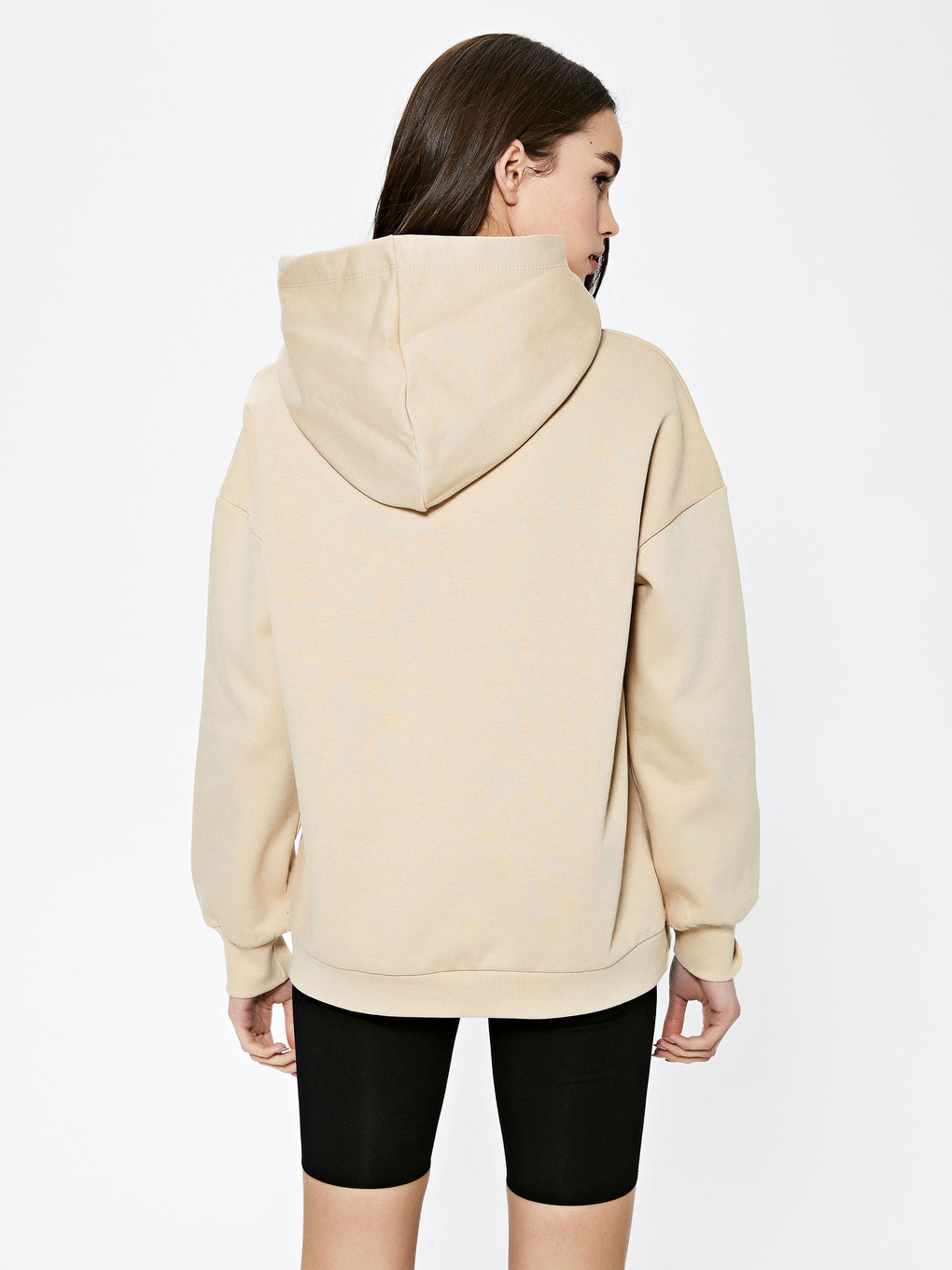 Bej Baskılı Kadın Kalın Hoodie-4