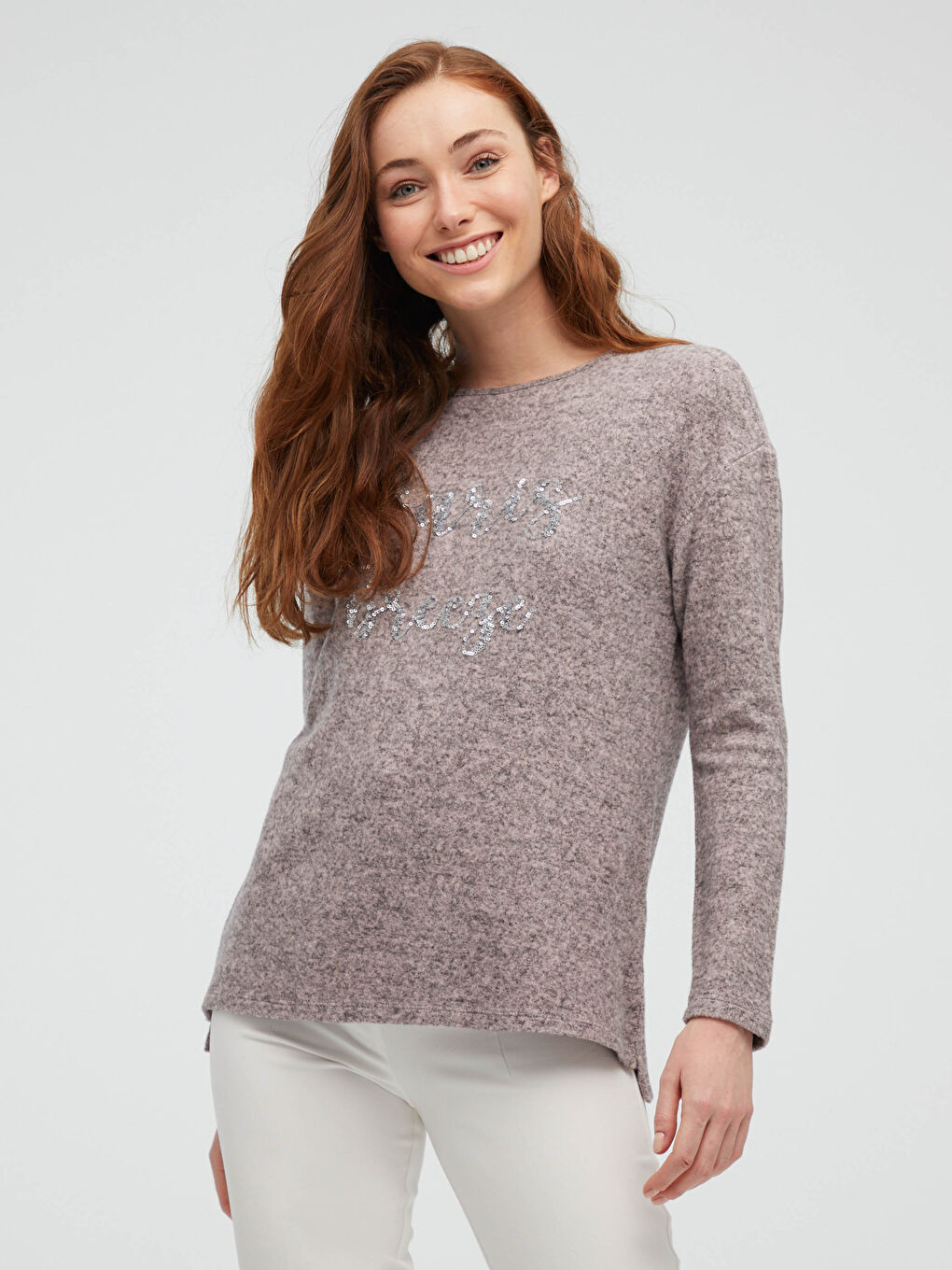 Pembe Bisiklet Yaka Payet İşlemeli Tişört-4