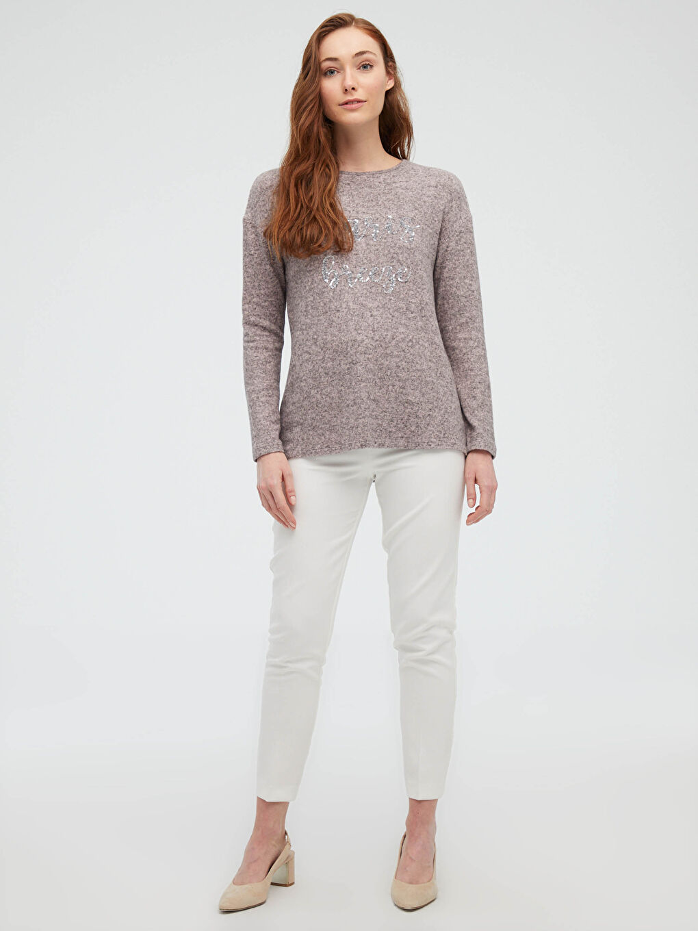 Pembe Bisiklet Yaka Payet İşlemeli Tişört-1