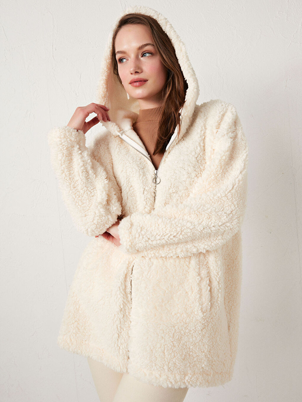 Hooded Zipper Closure Plush Cardigan