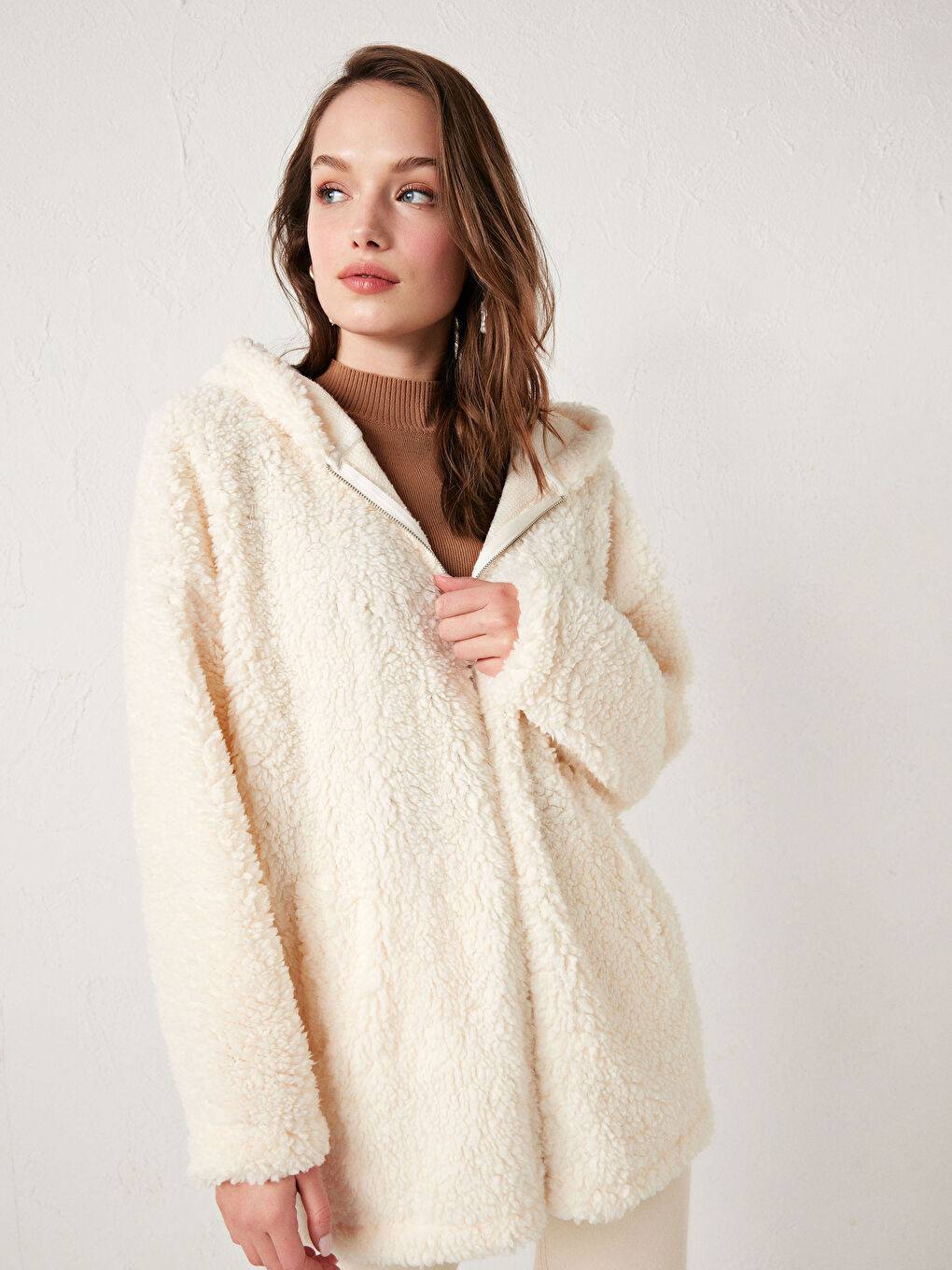 Hooded Zipper Closure Plush Cardigan-1