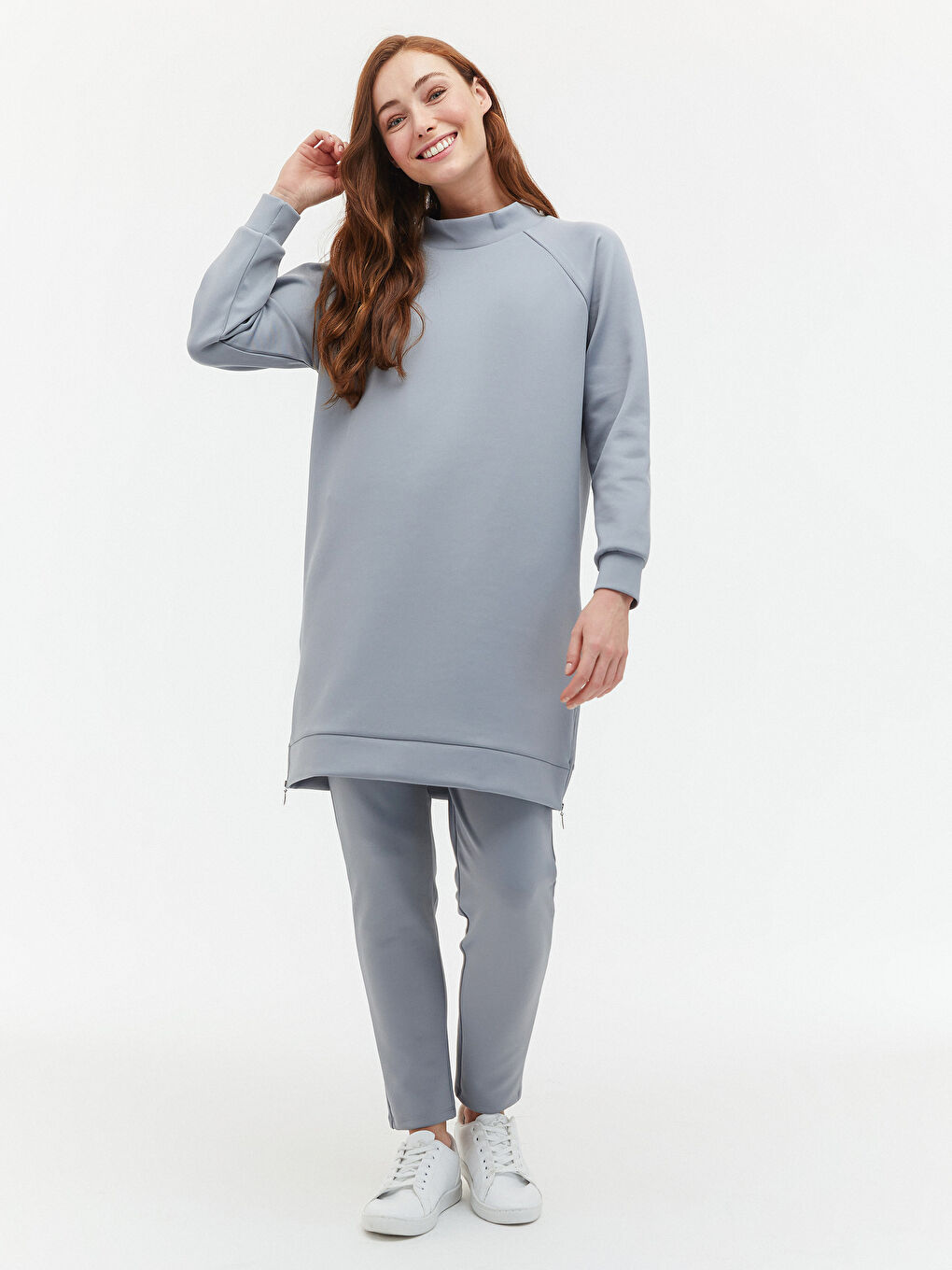 Mavi Dik Yaka Düz Uzun Kollu Kadın Tunik-7