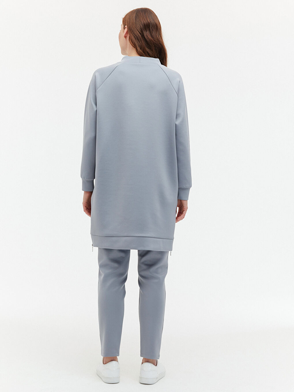 Mavi Dik Yaka Düz Uzun Kollu Kadın Tunik-8