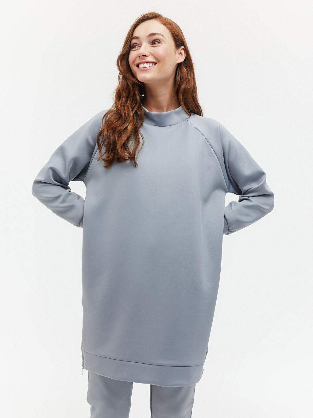 Mavi Dik Yaka Düz Uzun Kollu Kadın Tunik-9