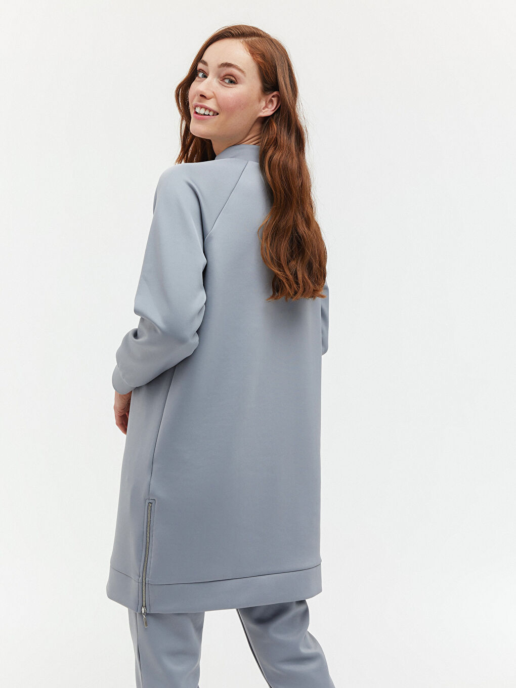 Mavi Dik Yaka Düz Uzun Kollu Kadın Tunik-5