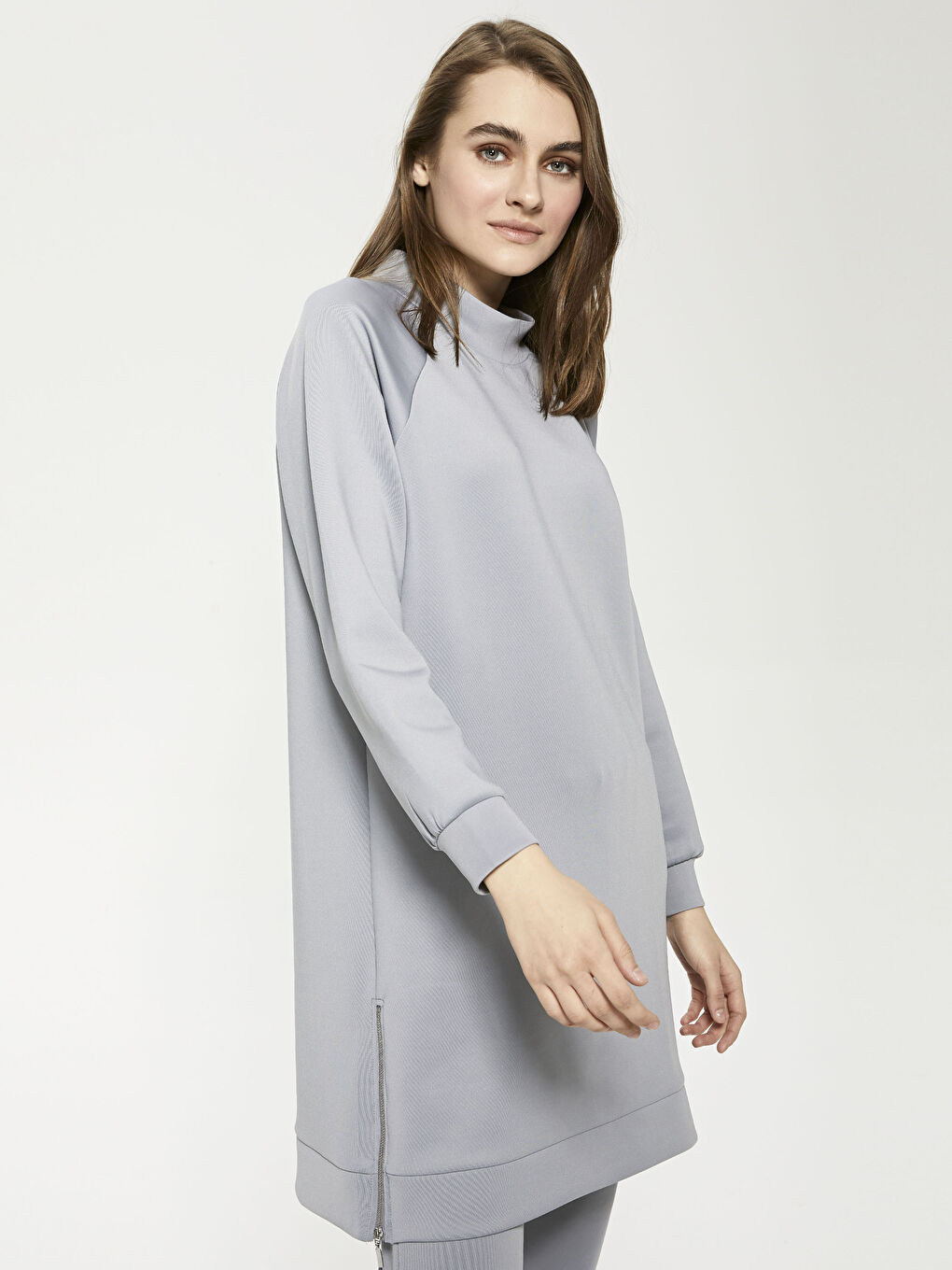 Mavi Dik Yaka Düz Uzun Kollu Kadın Tunik