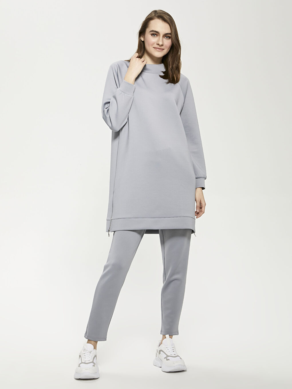 Mavi Dik Yaka Düz Uzun Kollu Kadın Tunik-2