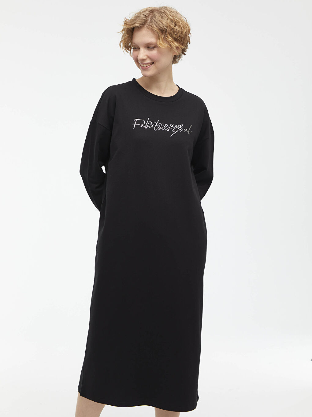 Crew Neck Slogan Printed Long Sleeve Women's Dress-1