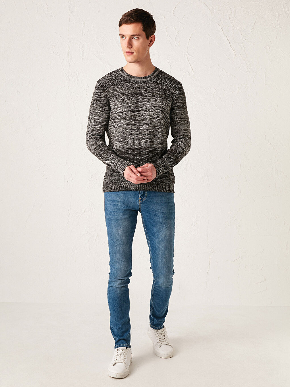 Gri Bisiklet Yaka Uzun Kollu Desenli Erkek Triko Kazak-2