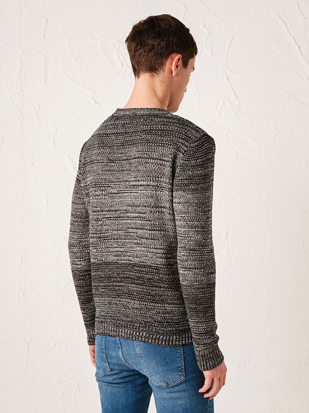 Gri Bisiklet Yaka Uzun Kollu Desenli Erkek Triko Kazak-3