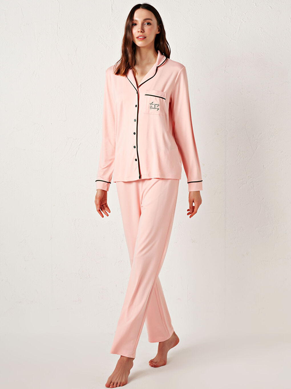 Pembe Gömlek Yaka Viskon Pijama Takımı