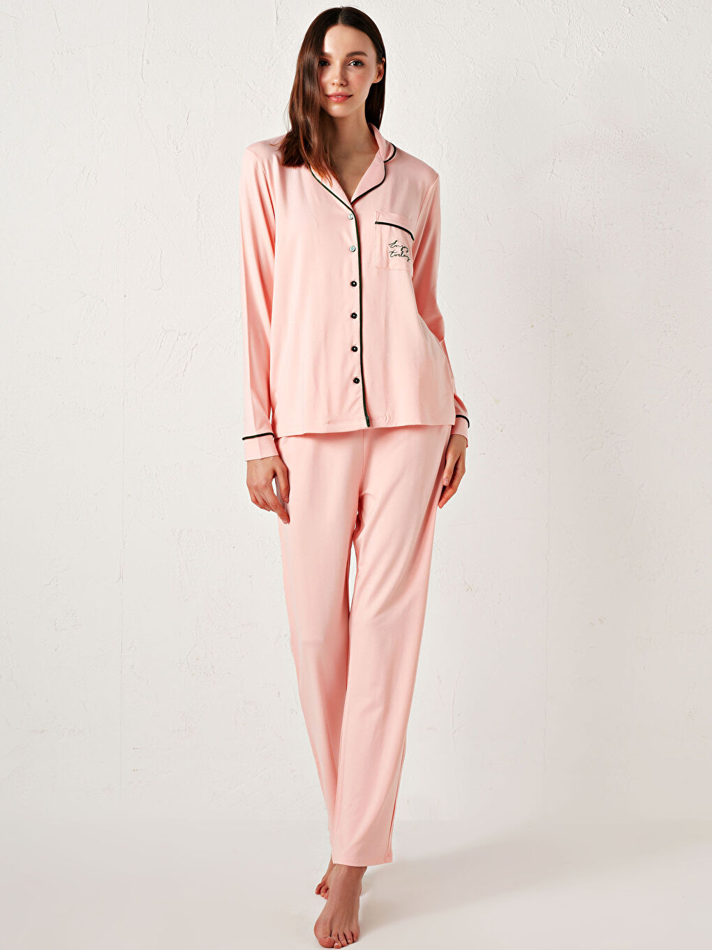 Pembe Gömlek Yaka Viskon Pijama Takımı-1