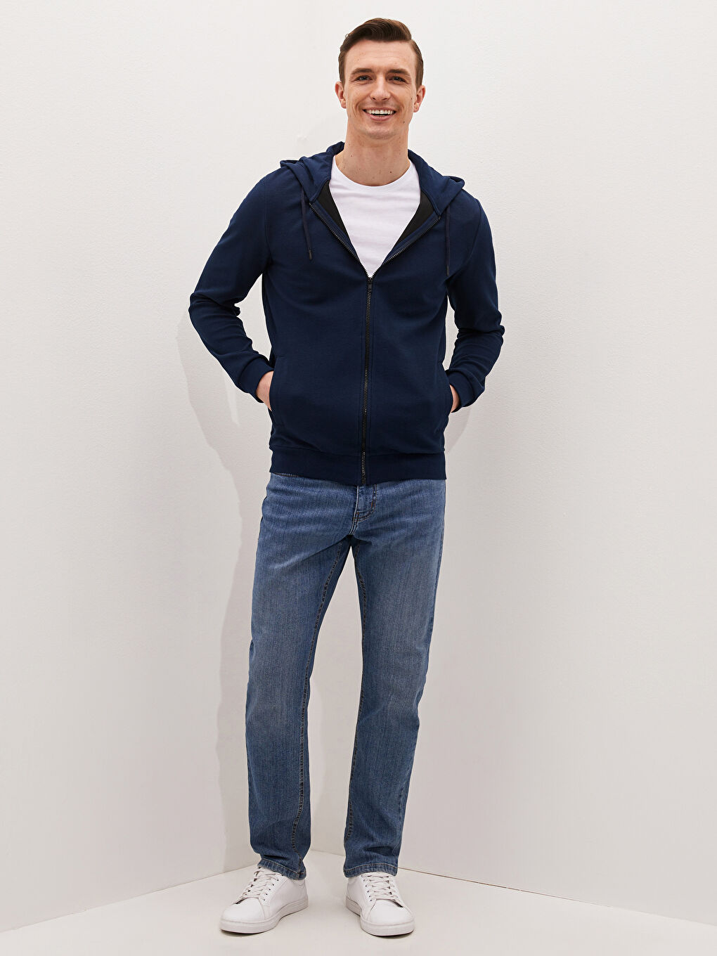 Lacivert Kapüşonlu Fermuarlı Erkek Sweatshirt-2