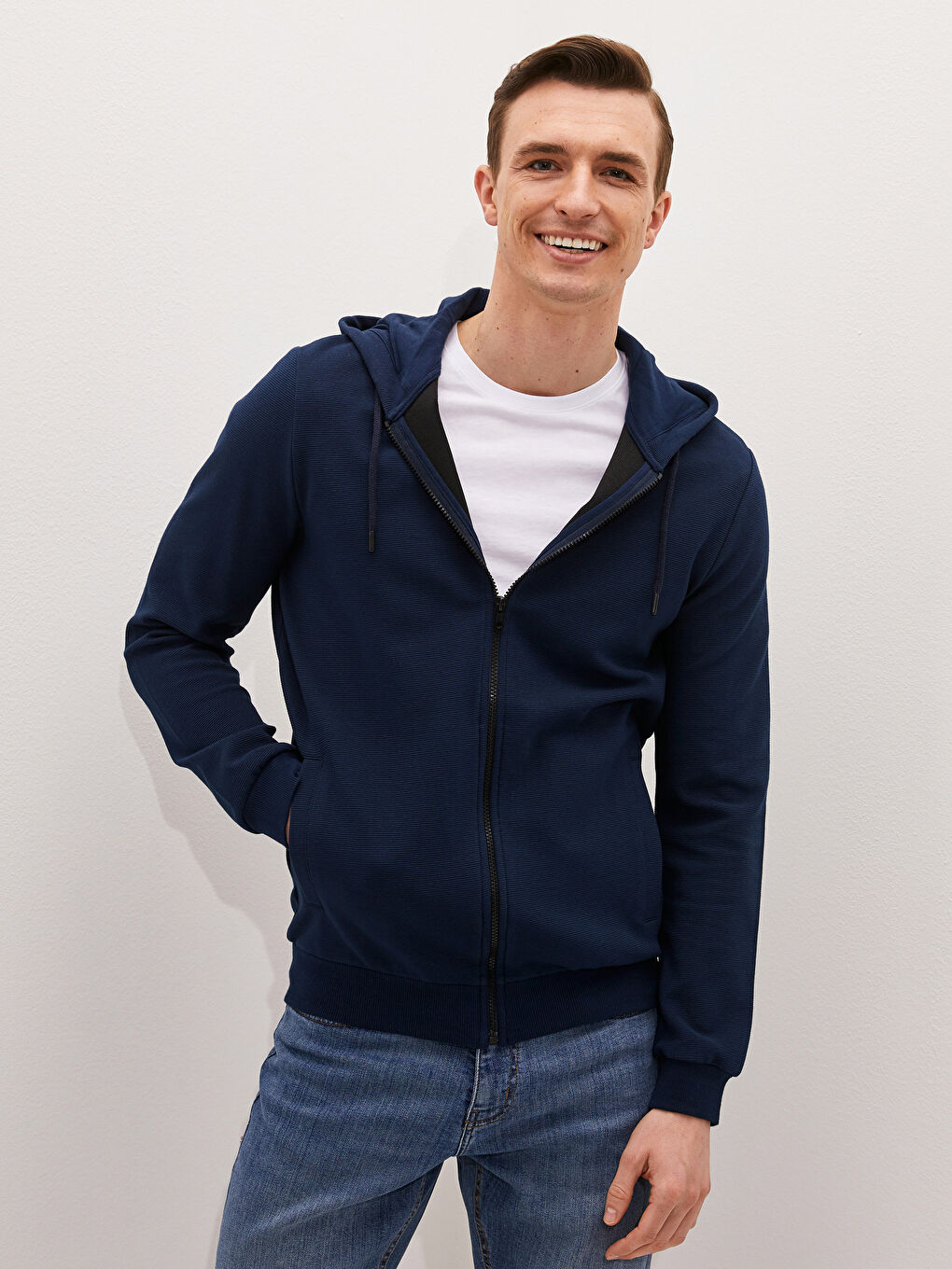 Lacivert Kapüşonlu Fermuarlı Erkek Sweatshirt-4