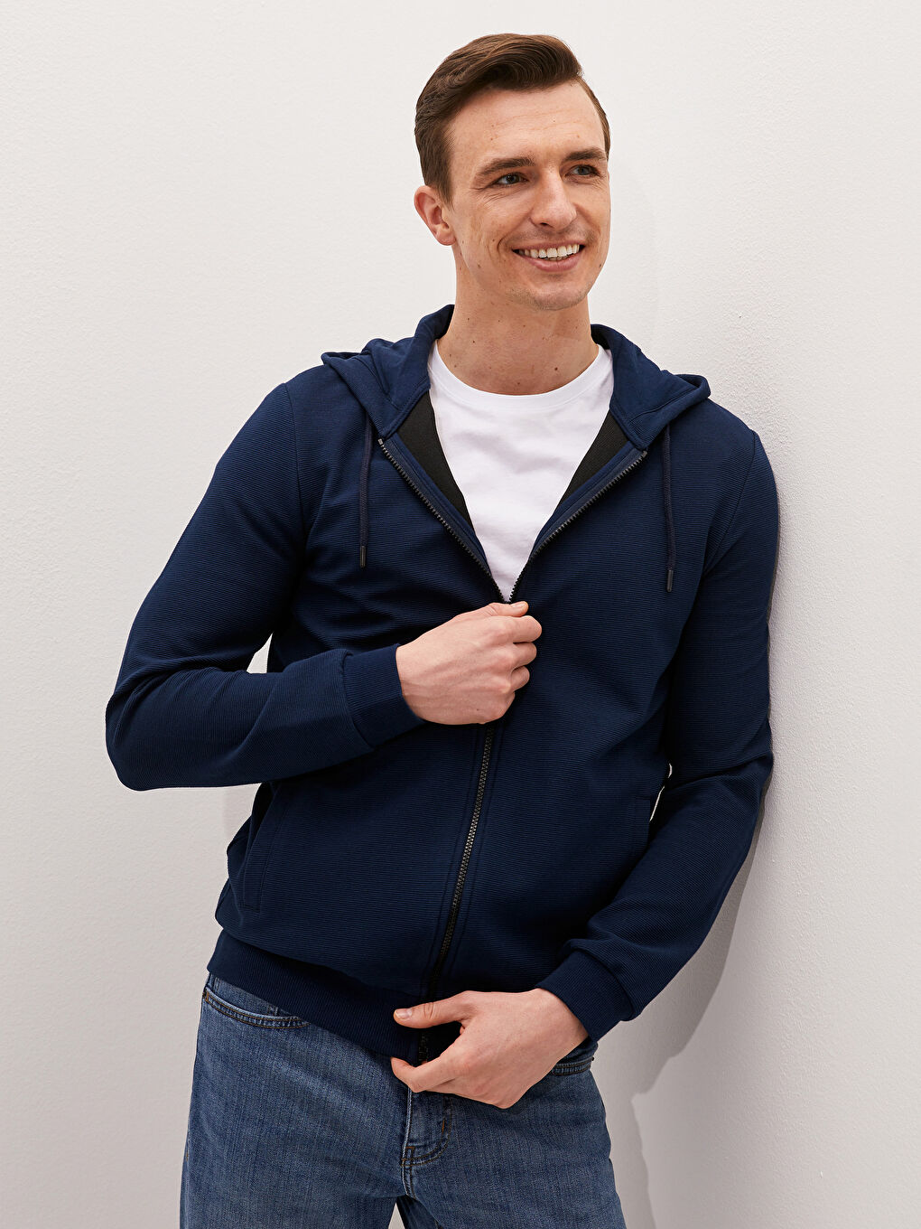 Lacivert Kapüşonlu Fermuarlı Erkek Sweatshirt