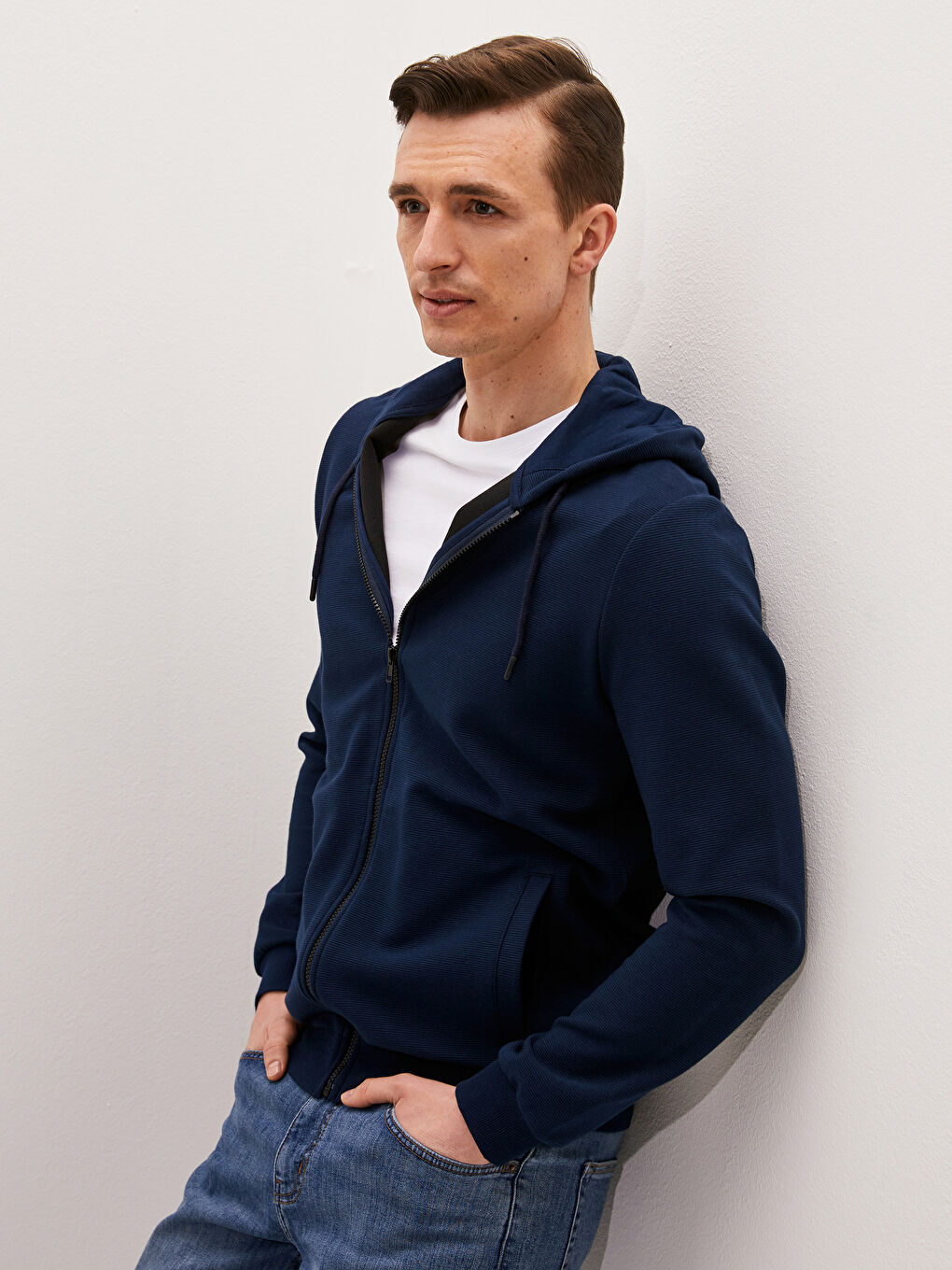 Lacivert Kapüşonlu Fermuarlı Erkek Sweatshirt-1