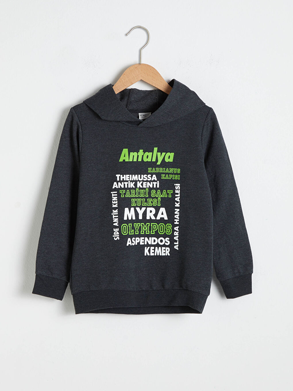Antrasit Erkek Çocuk Antalya Baskılı Kapüşonlu Sweatshirt