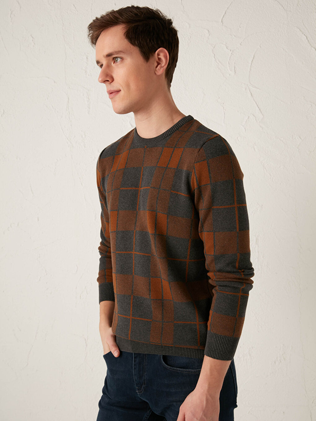 Kahverengi Bisiklet Yaka Uzun Kollu İnce Erkek Triko Kazak