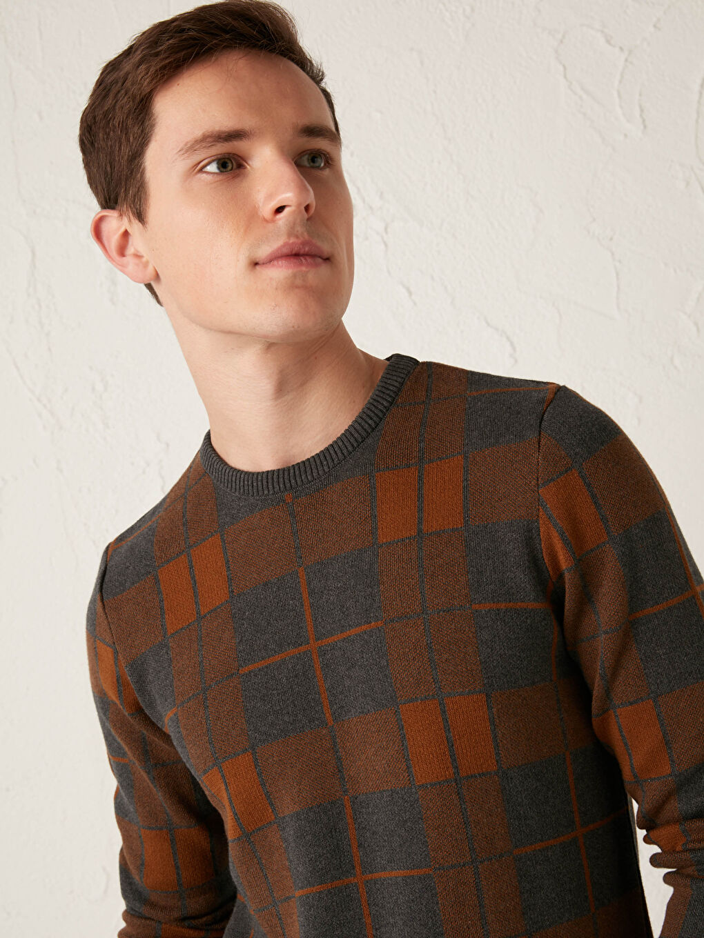 Kahverengi Bisiklet Yaka Uzun Kollu İnce Erkek Triko Kazak-1