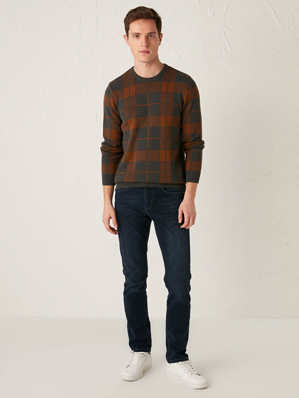 Kahverengi Bisiklet Yaka Uzun Kollu İnce Erkek Triko Kazak-2