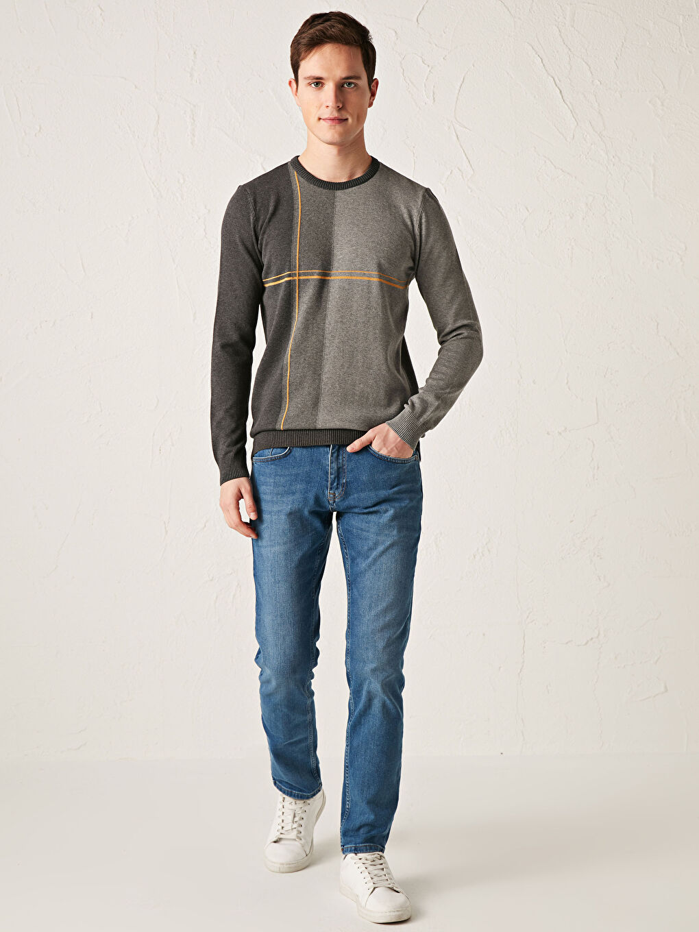 Antrasit Bisiklet Yaka Uzun Kollu Desenli Triko Erkek Kazak-2