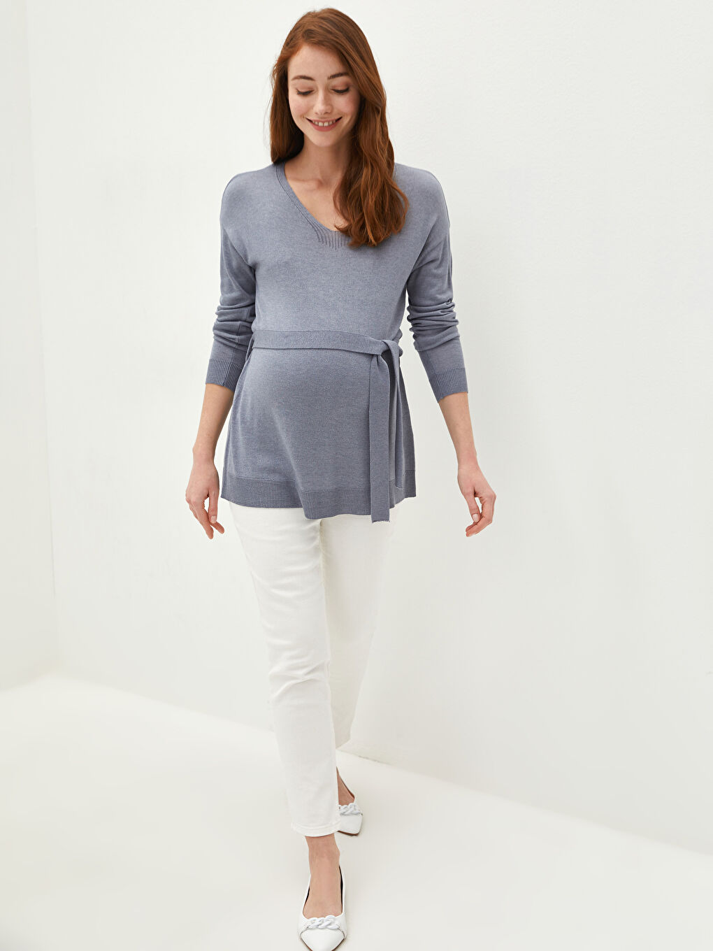 LCWAIKIKI Maternity سترة تريكو سادة بياقة على شكل حرف V وكم طويل للحوامل -0WJ834Z8-L9D