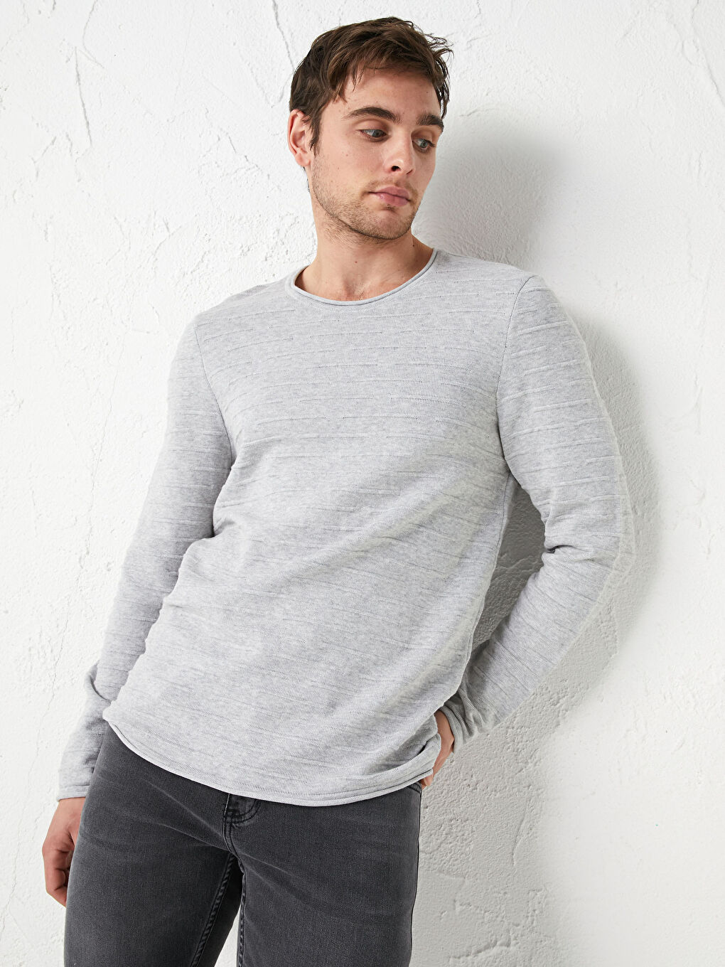 Gri Bisiklet Yaka İnce Triko Kazak-5