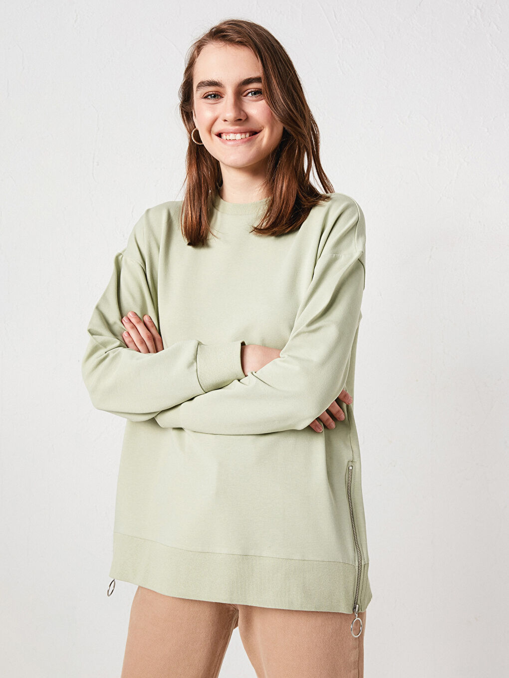 Yeşil Bisiklet Yaka Fermuar Detaylı Uzun Kollu Kadın Sweatshirt-1