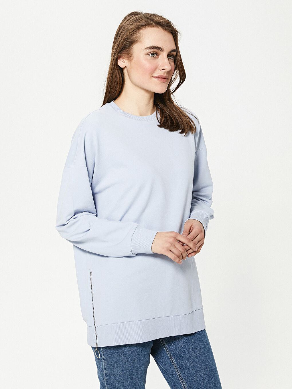 Crew Neck Zipper Detailed Long Sleeve Women's Sweatshirt-4