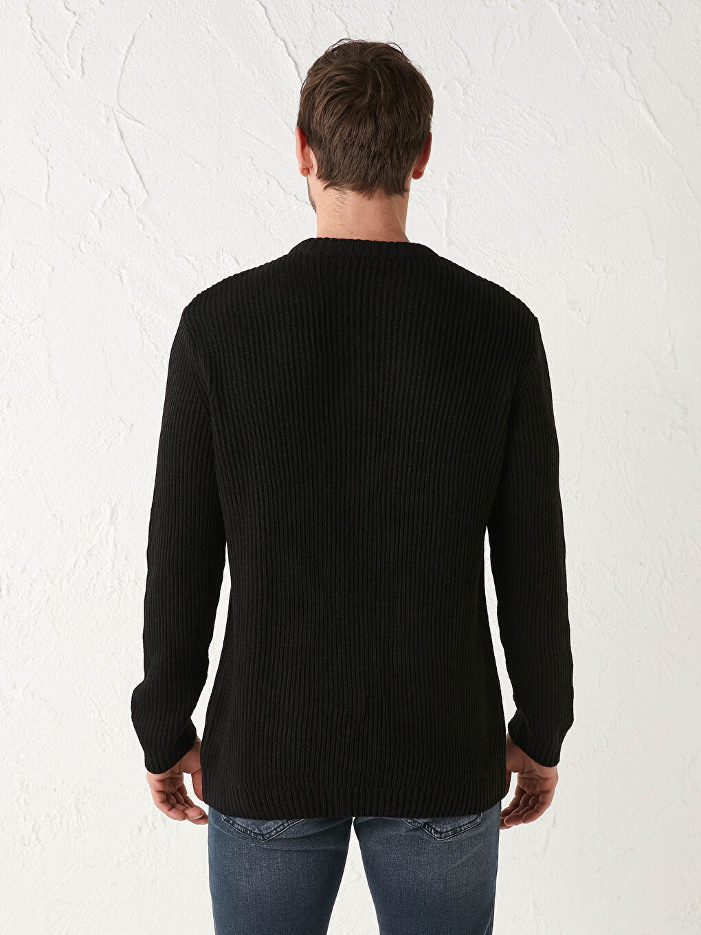 Siyah Bisiklet Yaka Uzun Kollu Desenli Erkek Triko Kazak-4