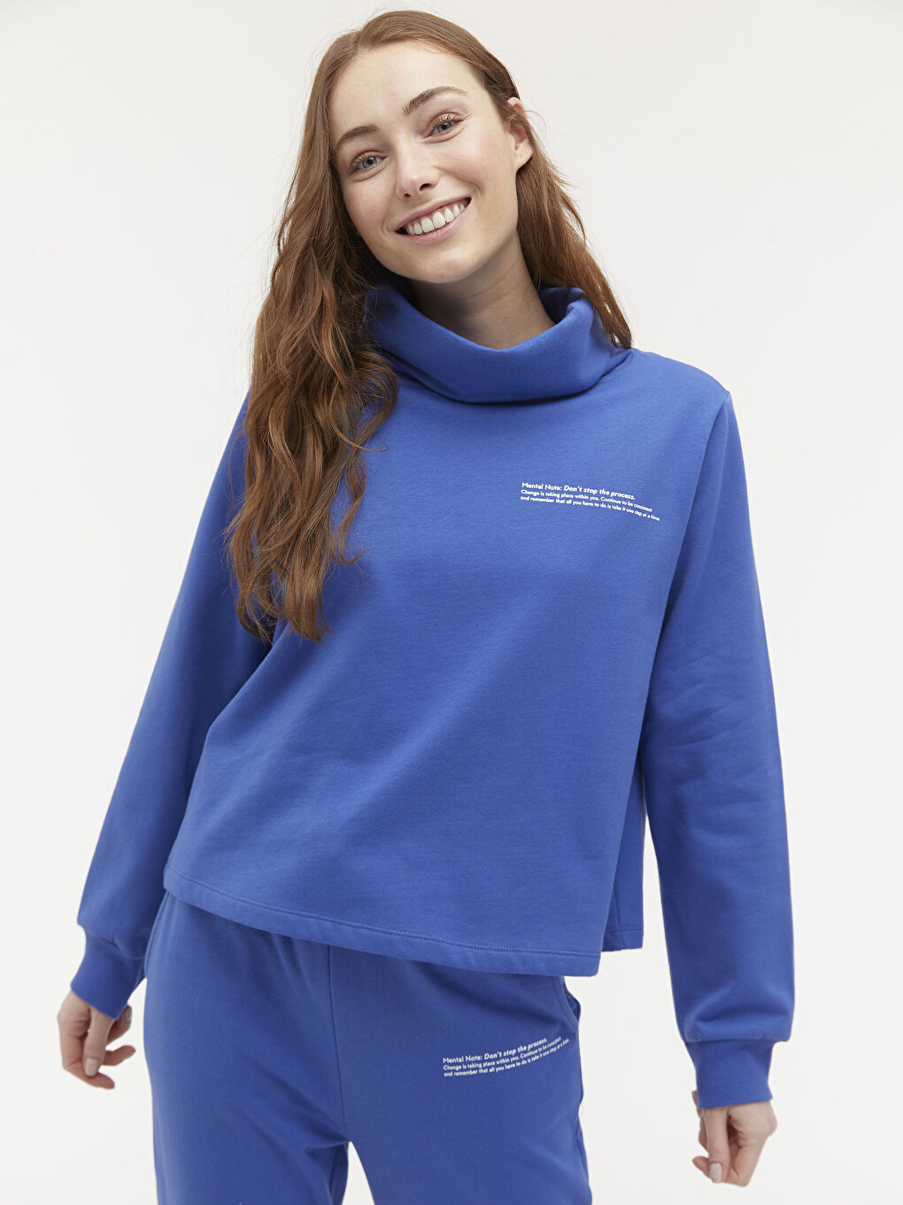 Mavi Balıkçı Yaka Slogan Baskılı Sweatshirt-4