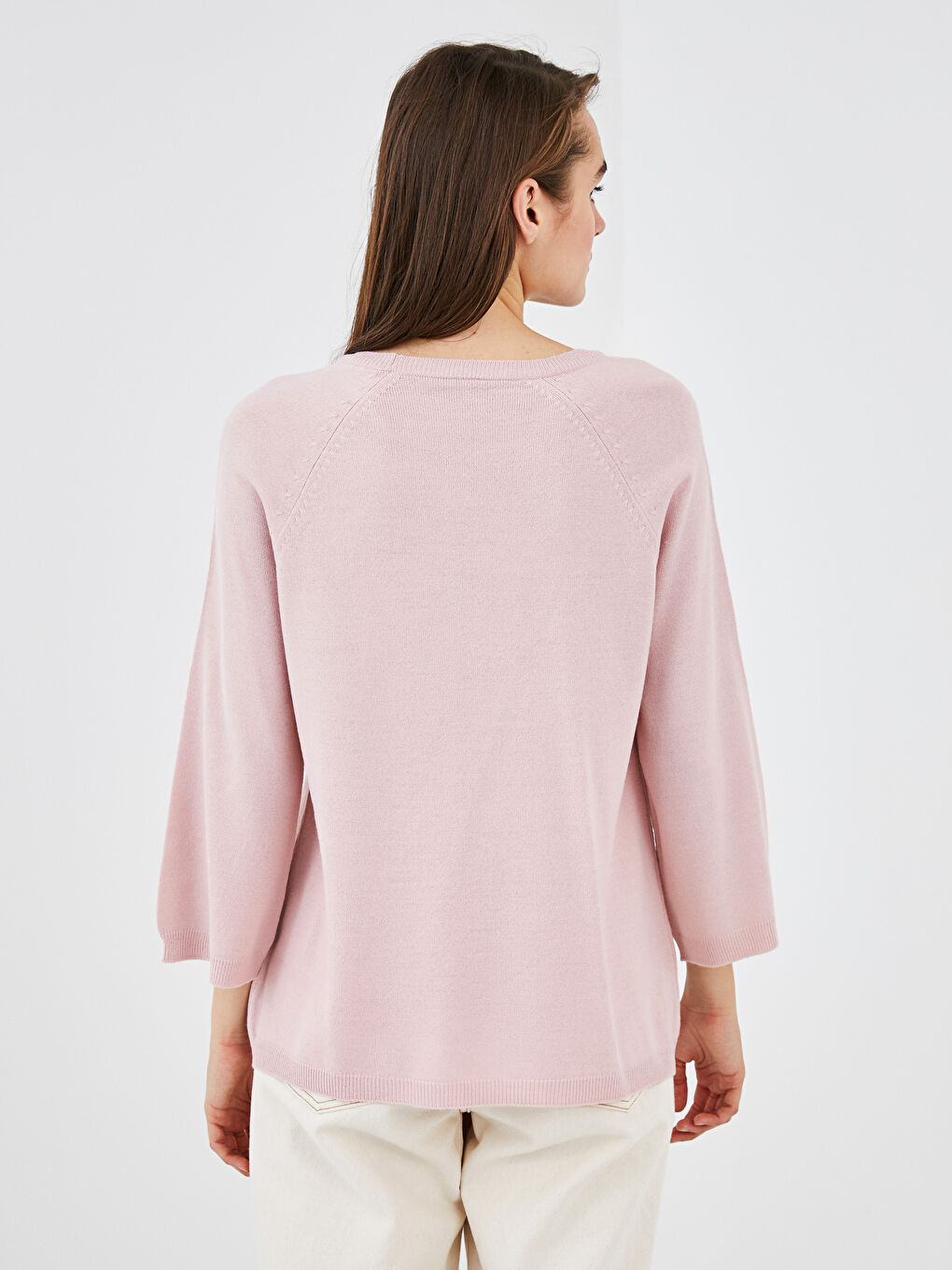 Әйелдерге арналған дөңгелек жағалы өрнексіз трикотаж жемпір-2