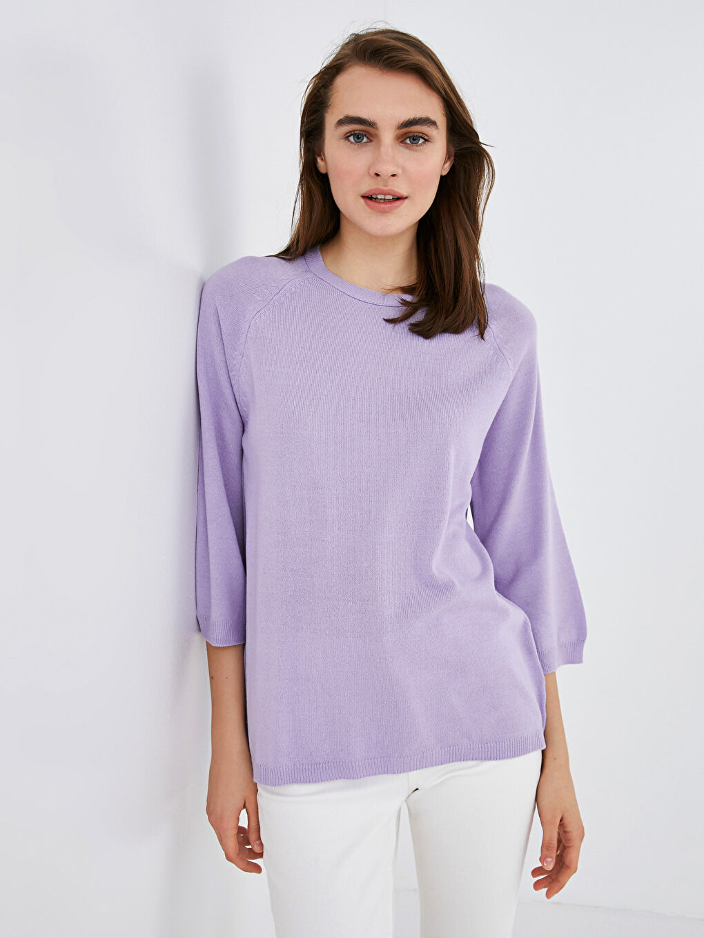 Женский Свитер с Круглым Вырезом Однотонный Трикотажный-4