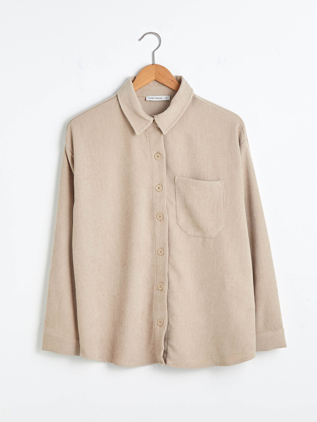 Bej Cep Detaylı Uzun Kollu Kadın Kadife Gömlek